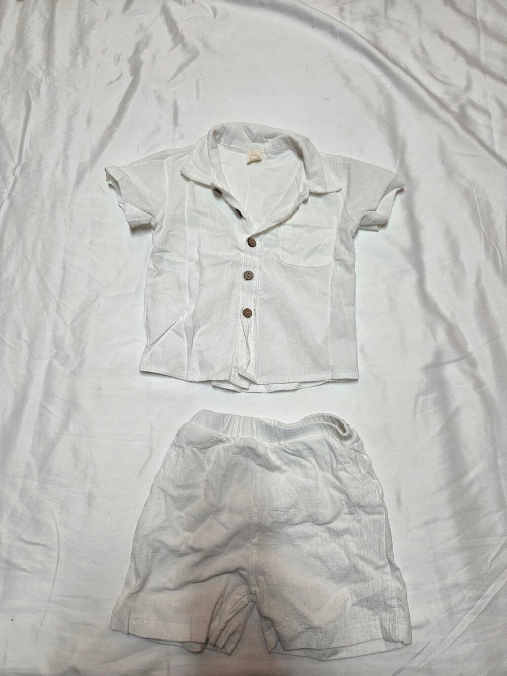 White Two-Piece Button Front Shirt & Shorts Set
